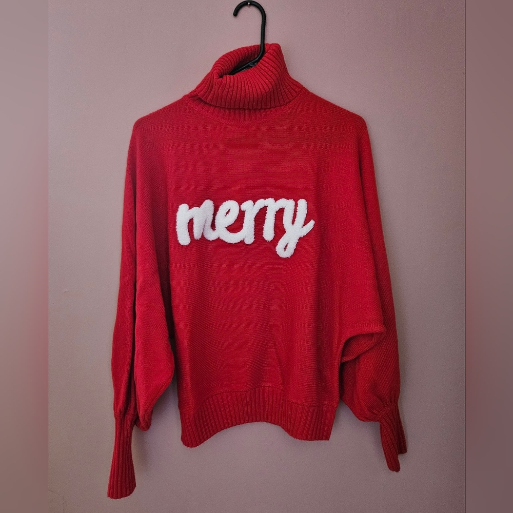 Festive Merry Christmas Pullover  Embroided Boutique Style Turtleneck Sweater S
